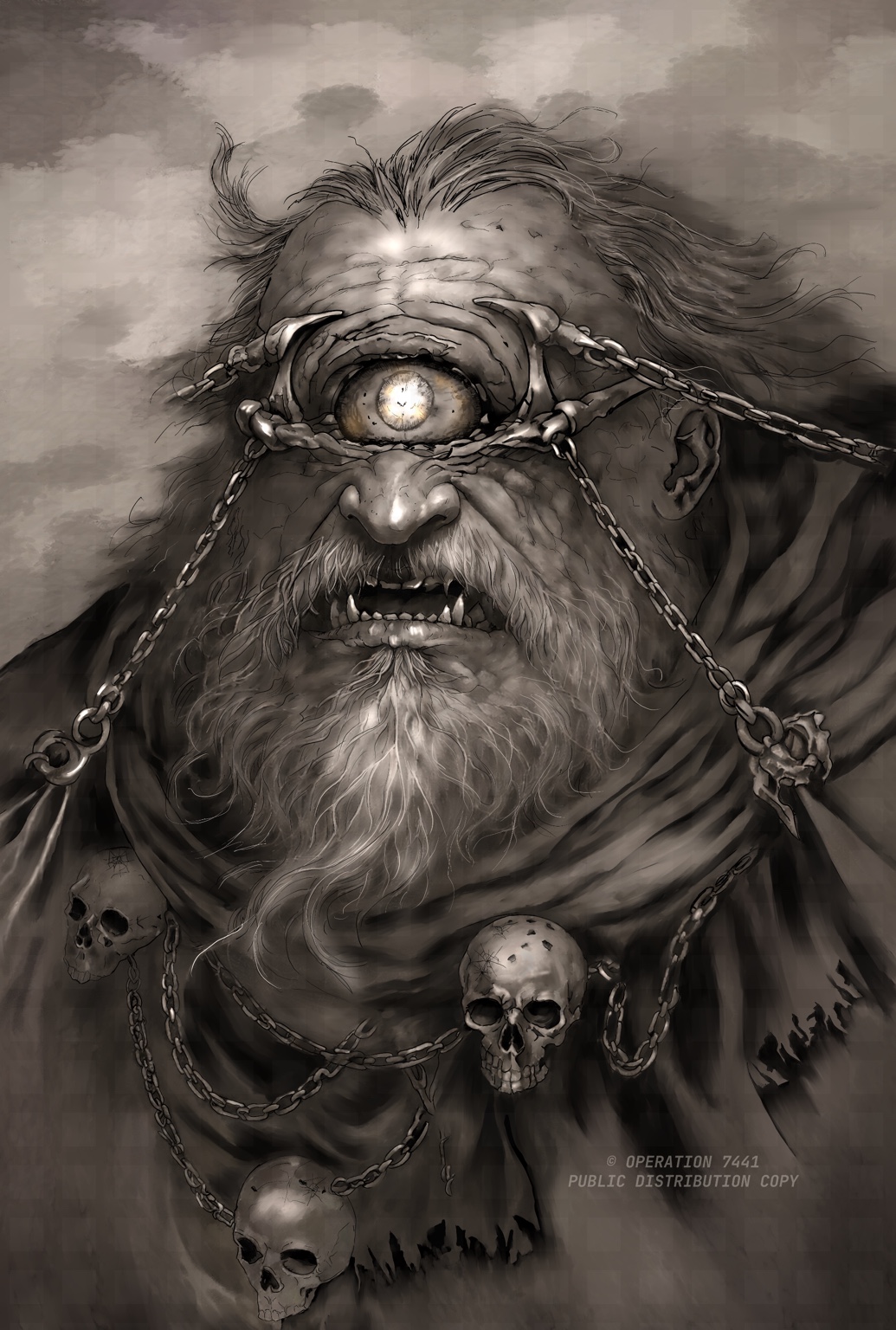 Dark journal illustration of Balor with a glowing eye, chains, skulls, and a heavy cloak.