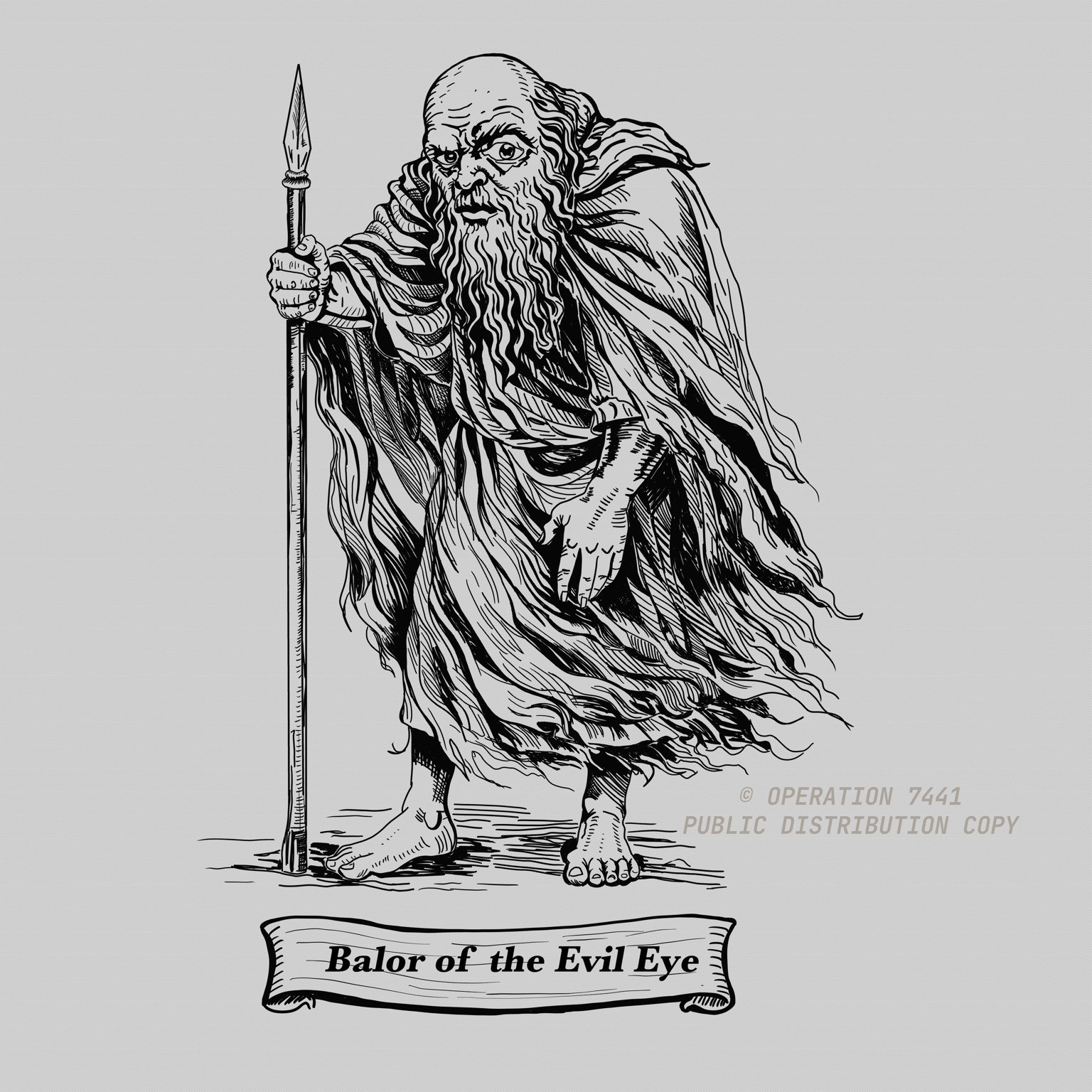 Published folklore plate illustration of Balor of the Evil Eye holding a spear.